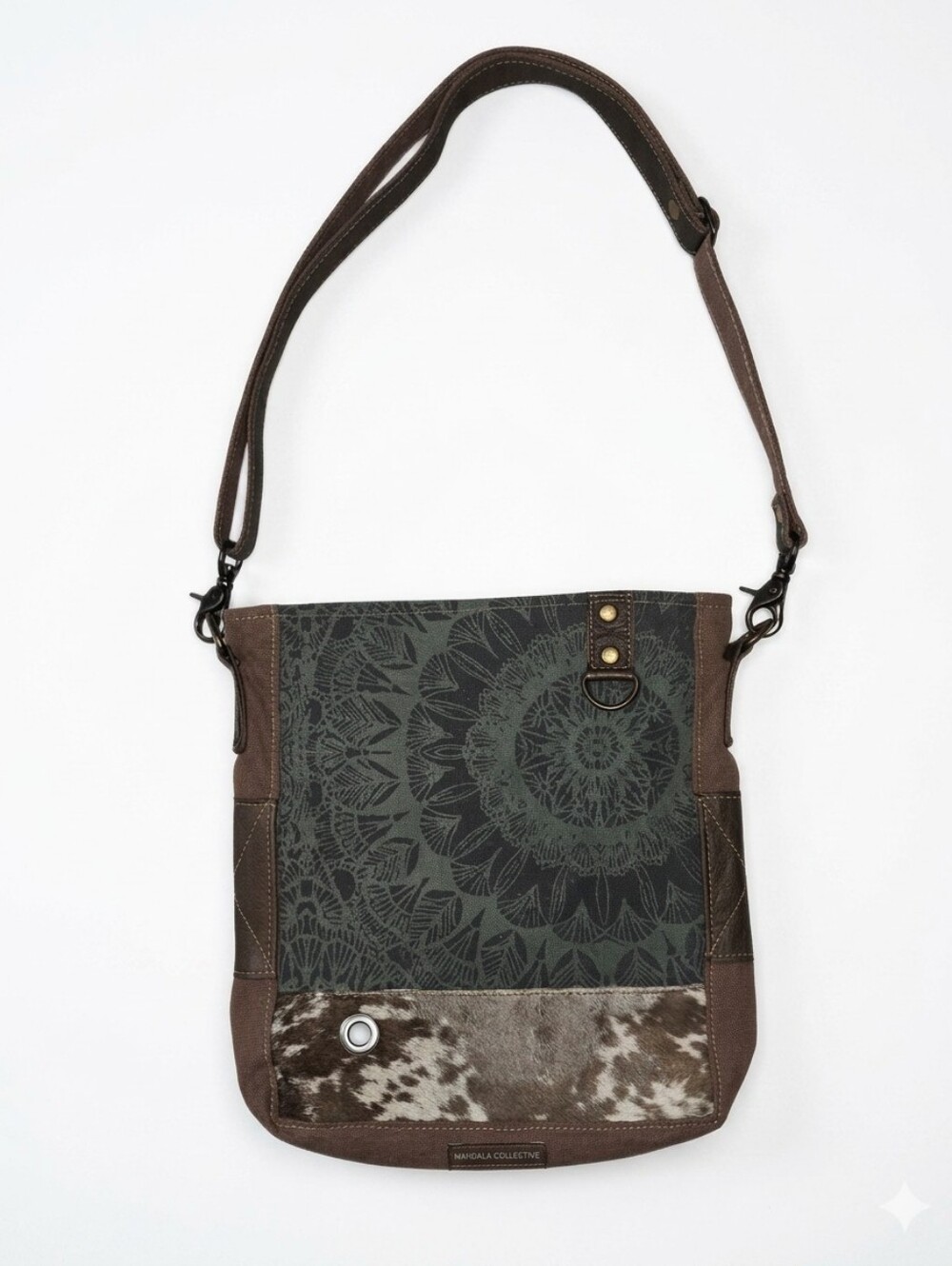 Myra Bag Verdant Upcycled Canvas & Cowhide Leather  Boho Mandala Crossbody